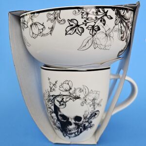 Gothic Skull Halloween Mug Bowl Breakfast Cereal & Coffee Matched Set Floral Ivy